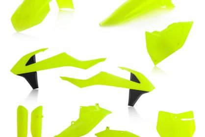 Plastikteile für deine KTM SX und SXF in neon-gelb. Bestehend aus Frontkotflügel, Heckkotflügel, Tankspoiler, Seitenteilen, Gabelschoner und Front-Tafel