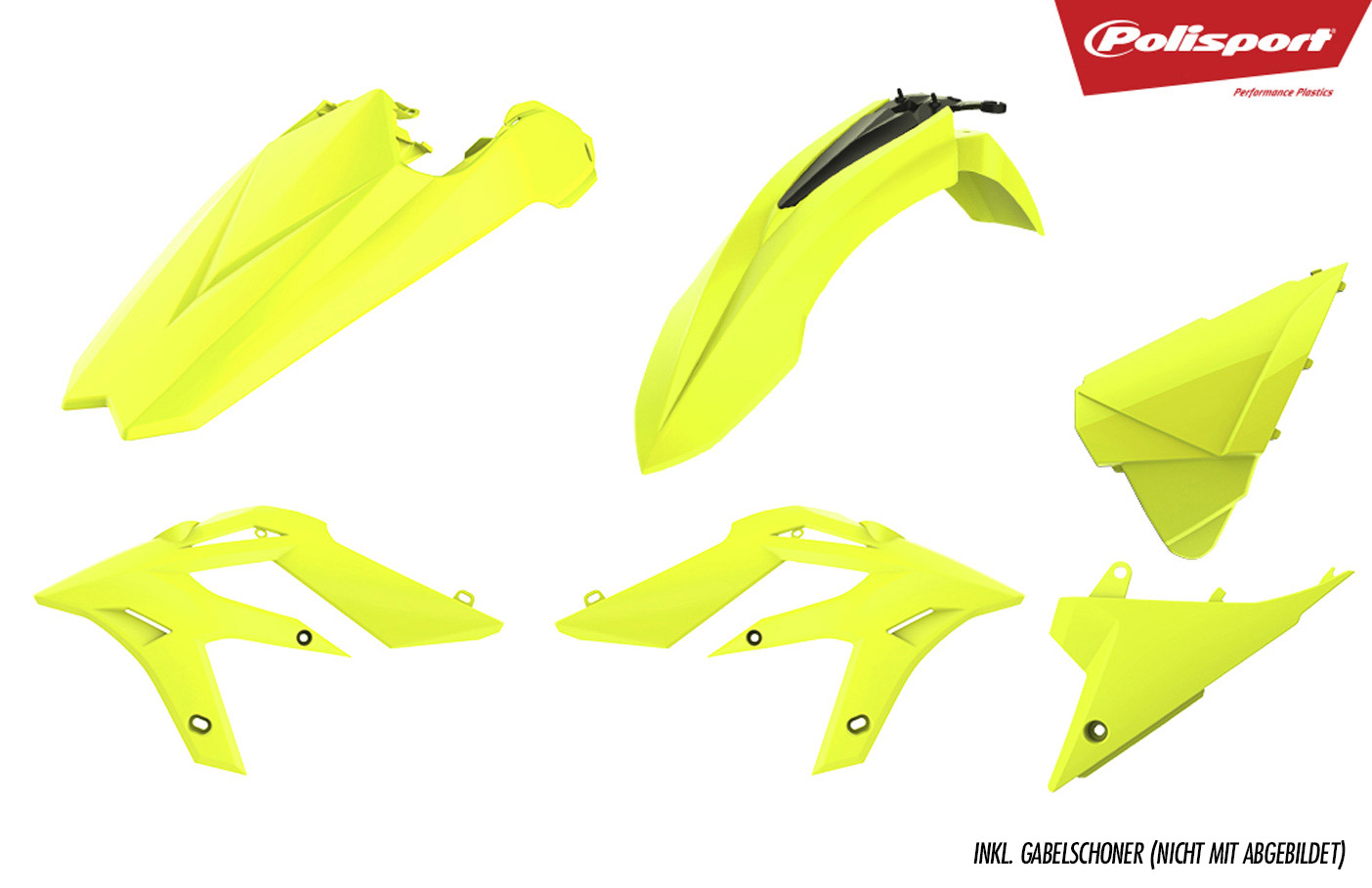 Plastikteile für deine Beta Xtrainer in neon-gelb, bestehend aus Frontkotflügel, Heckkotflügel, Tankspoiler, Seitenteilen und Gabelschoner
