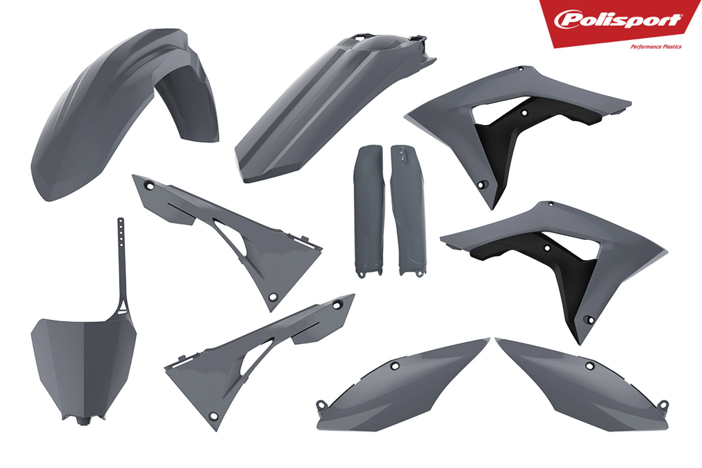 Plastikteile für deine Honda CRF in grau, bestehend aus Frontkotflügel, Heckkotflügel, Tankspoiler, Gabelschoner, Seitenteile, Nummerntafeln und Front-Nummerntafel