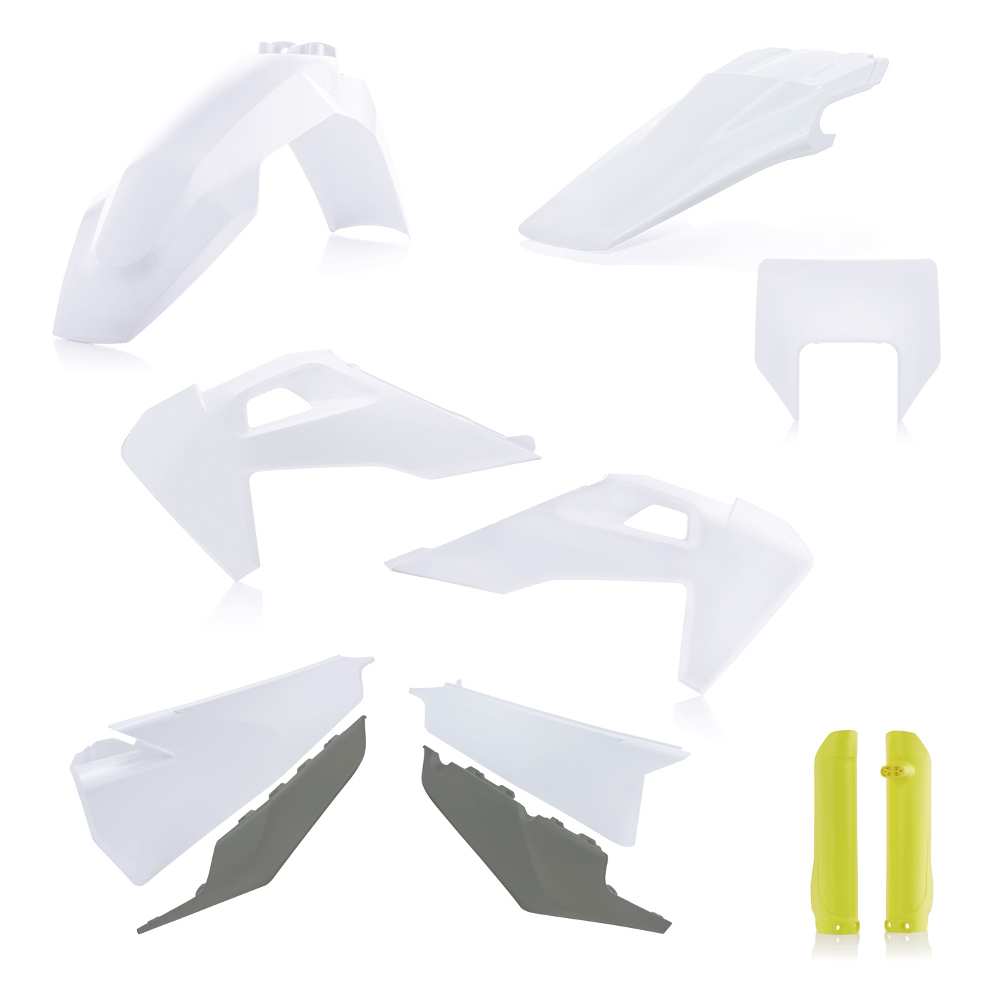 Plastikteile für deine Husqvarna FE und TE in OEM-Farben, bestehend aus Frontkotflügel, Heckkotflügel, Tankspoiler, Seitenteilen, Lampenmaske und Gabelschoner