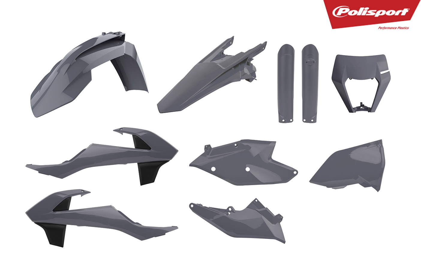 Plastikteile für deine KTM EXC und EXC-F in grau, bestehend aus Frontkotflügel, Heckkotflügel, Tankspoiler, Gabelschoner, Nummerntafeln und Lampenmaske