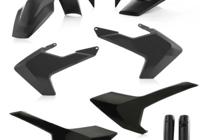 Plastikteile für deine Husqvarna FE und TE in schwarz, bestehend aus Frontkotflügel, Heckkotflügel, Tankspoiler, Seitenteilen, Lampenmaske und Gabelschoner