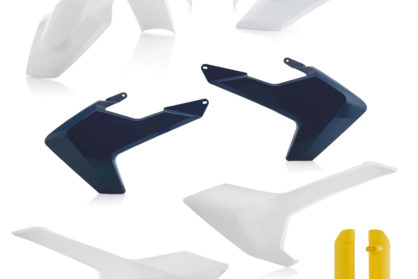 Plastikteile für deine Husqvarna FE und TE in OEM18, bestehend aus Frontkotflügel, Heckkotflügel, Tankspoiler, Seitenteilen, Lampenmaske und Gabelschoner
