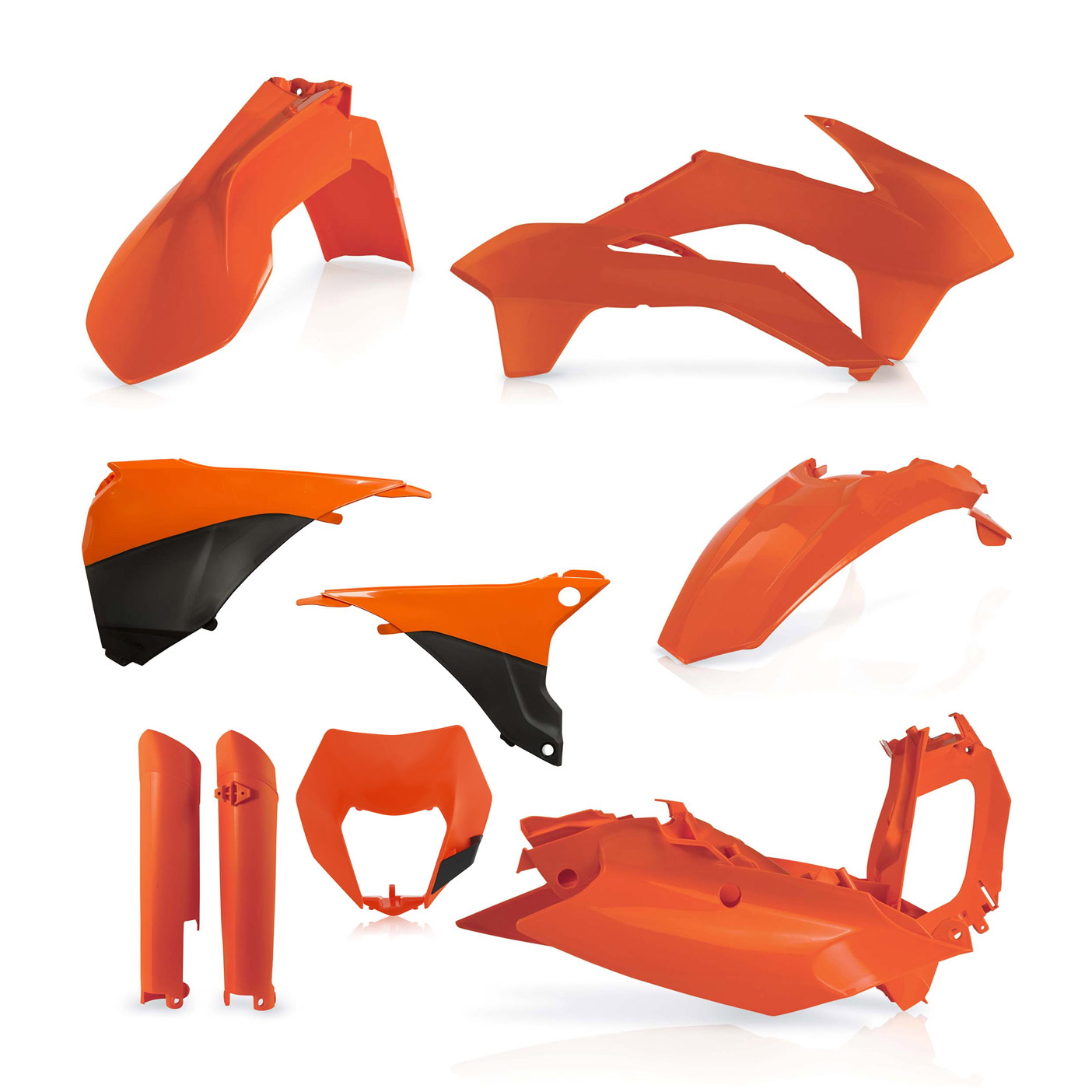 Plastikteile für deine KTM EXC und EXC-F in orange. Bestehend aus Frontkotflügel, Heckkotflügel, Tankspoiler, Nummerntafel, Seitenteilen, Gabelschoner und Lampenmaske