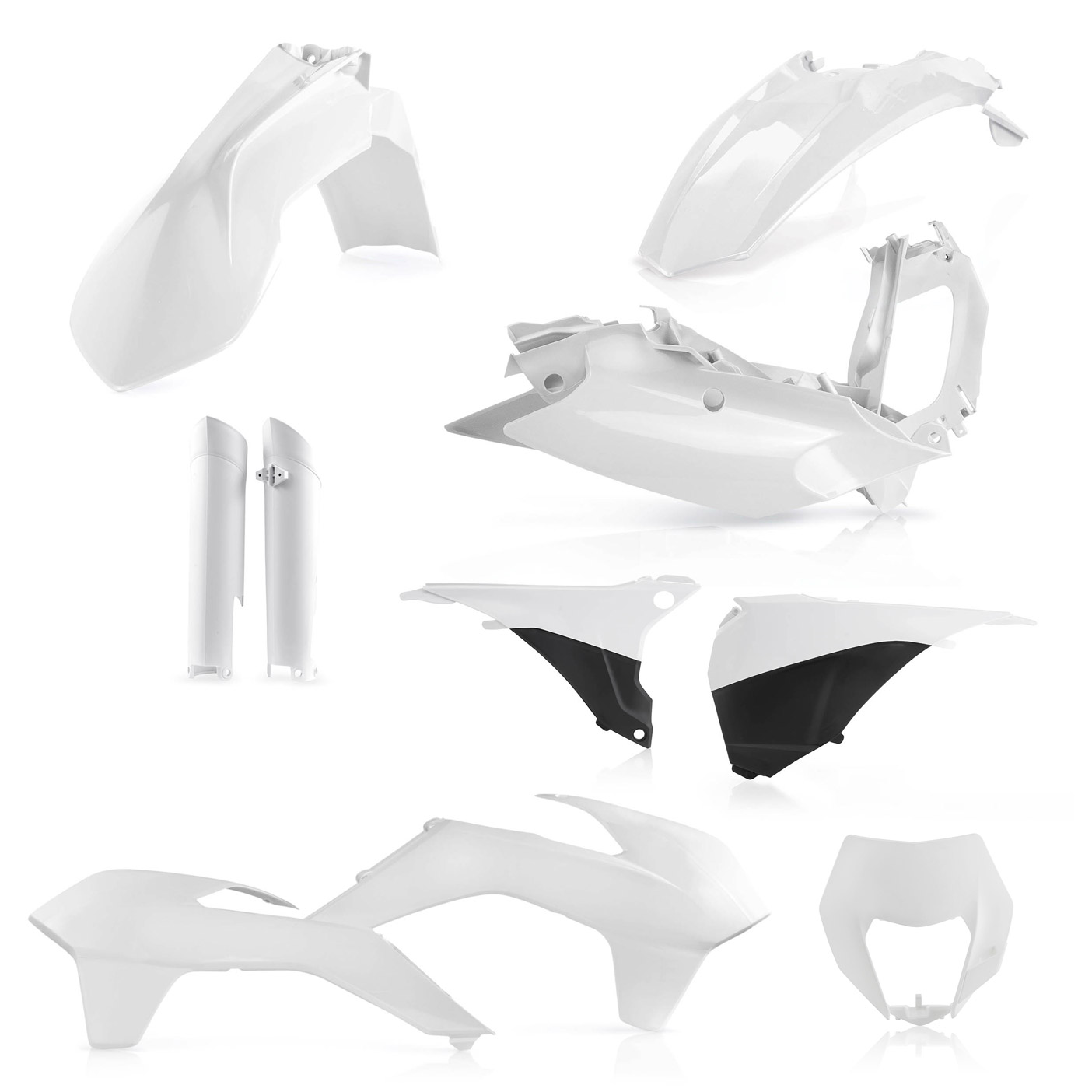 Plastikteile für deine KTM EXC und EXC-F in weiss. Bestehend aus Frontkotflügel, Heckkotflügel, Tankspoiler, Nummerntafel, Seitenteilen, Gabelschoner und Lampenmaske