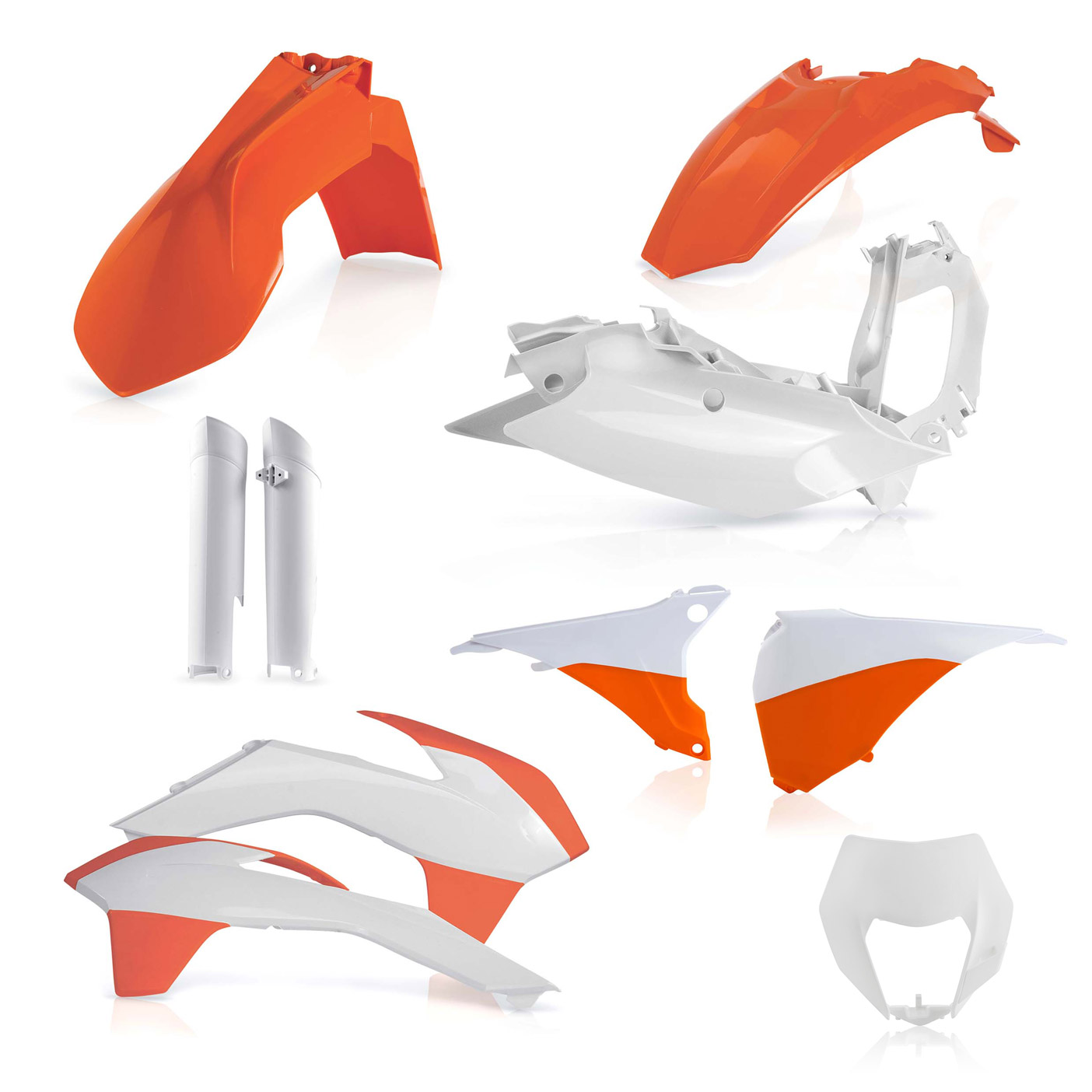 Plastikteile für deine KTM EXC und EXC-F in OEM15. Bestehend aus Frontkotflügel, Heckkotflügel, Tankspoiler, Nummerntafel, Seitenteilen, Gabelschoner und Lampenmaske