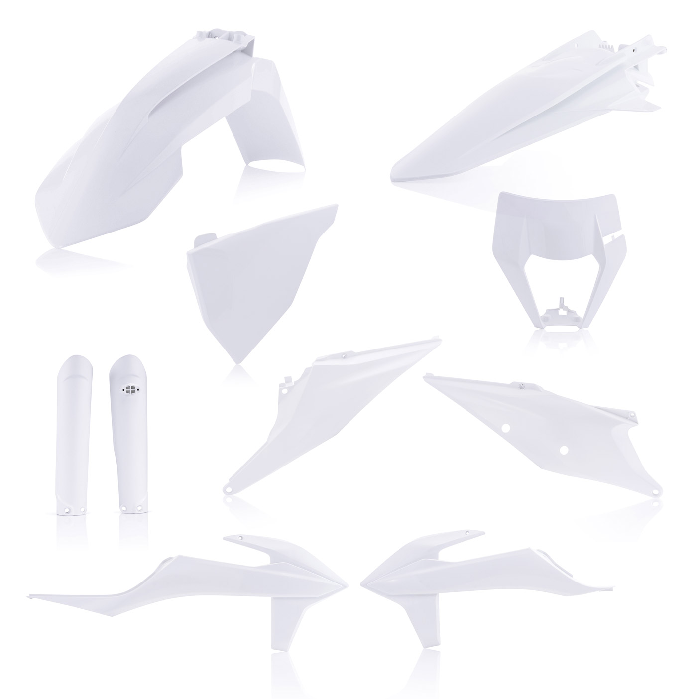 Plastikteile für deine KTM EXC und EXC-F in weiß, bestehend aus Frontkotflügel, Heckkotflügel, Tankspoiler, Gabelschoner, Nummerntafeln und Lampenmaske