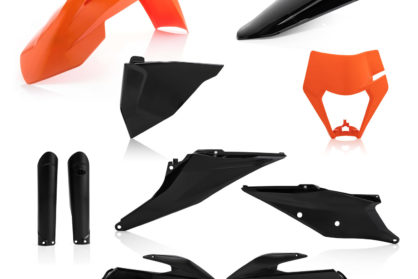 Plastikteile für deine KTM EXC und EXC-F in schwarz-orange, bestehend aus Frontkotflügel, Heckkotflügel, Tankspoiler, Gabelschoner, Nummerntafeln und Lampenmaske