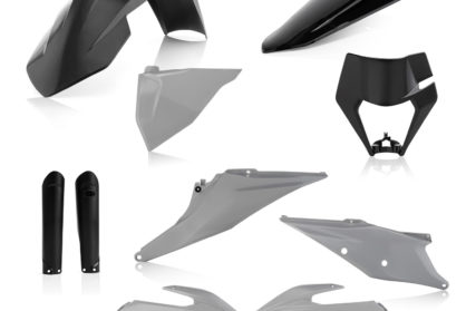 Plastikteile für deine KTM EXC und EXC-F in grau-schwarz, bestehend aus Frontkotflügel, Heckkotflügel, Tankspoiler, Gabelschoner, Nummerntafeln und Lampenmaske