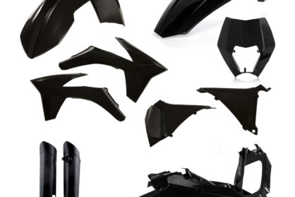 Plastikteile für deine KTM EXC und EXC-F in schwarz, bestehend aus Frontkotflügel, Heckkotflügel, Tankspoiler, Gabelschoner, Nummerntafeln, Seitenteilen und Lampenmaske