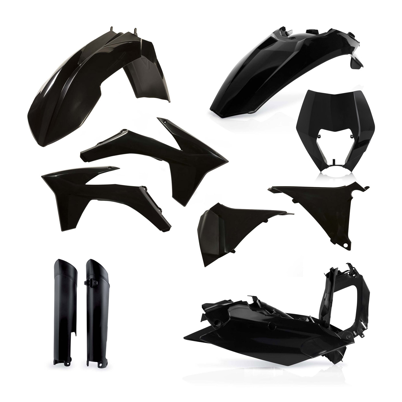 Plastikteile für deine KTM EXC und EXC-F in schwarz, bestehend aus Frontkotflügel, Heckkotflügel, Tankspoiler, Gabelschoner, Nummerntafeln, Seitenteilen und Lampenmaske