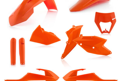 Plastikteile für deine KTM EXC und EXC-F in orange, bestehend aus Frontkotflügel, Heckkotflügel, Tankspoiler, Gabelschoner, Nummerntafeln und Lampenmaske