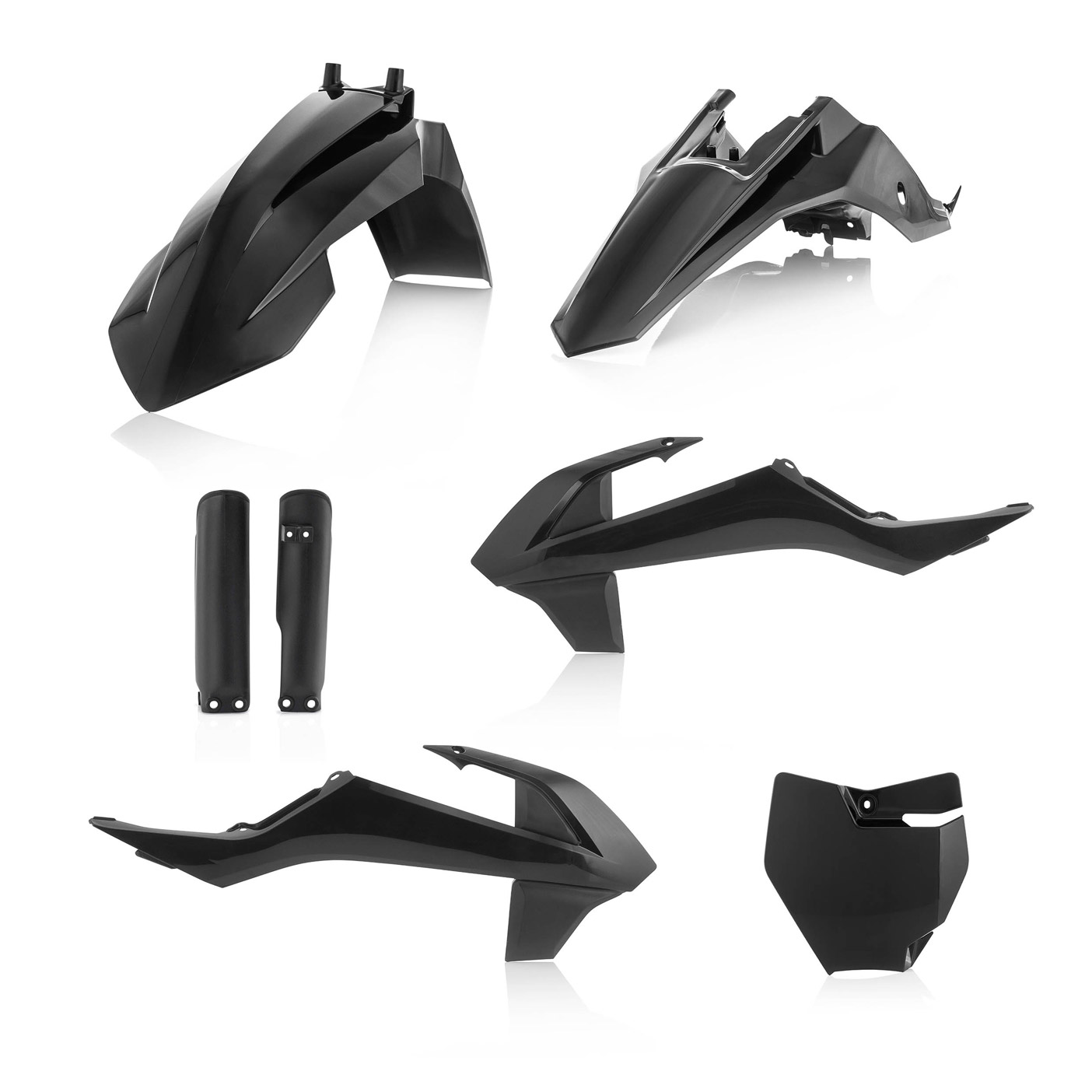 Plastikteile für deine KTM SX65 in schwarz, bestehend aus Frontkotflügel, Heckkotflügel mit Nummerntafeln, Tankspoiler, Gabelschoner und Front-Nummerntafel