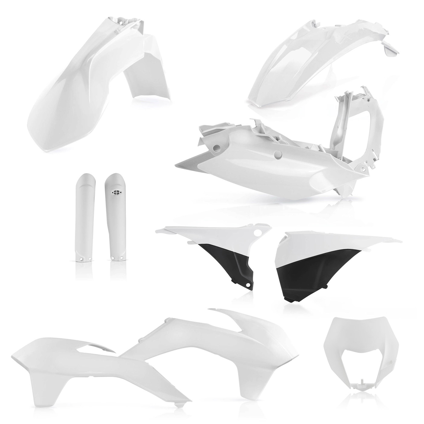 Plastikteile für deine KTM EXC und EXC-F in weiß, bestehend aus Frontkotflügel, Heckkotflügel, Tankspoiler, Gabelschoner, Nummerntafeln, Seitenteilen und Lampenmaske
