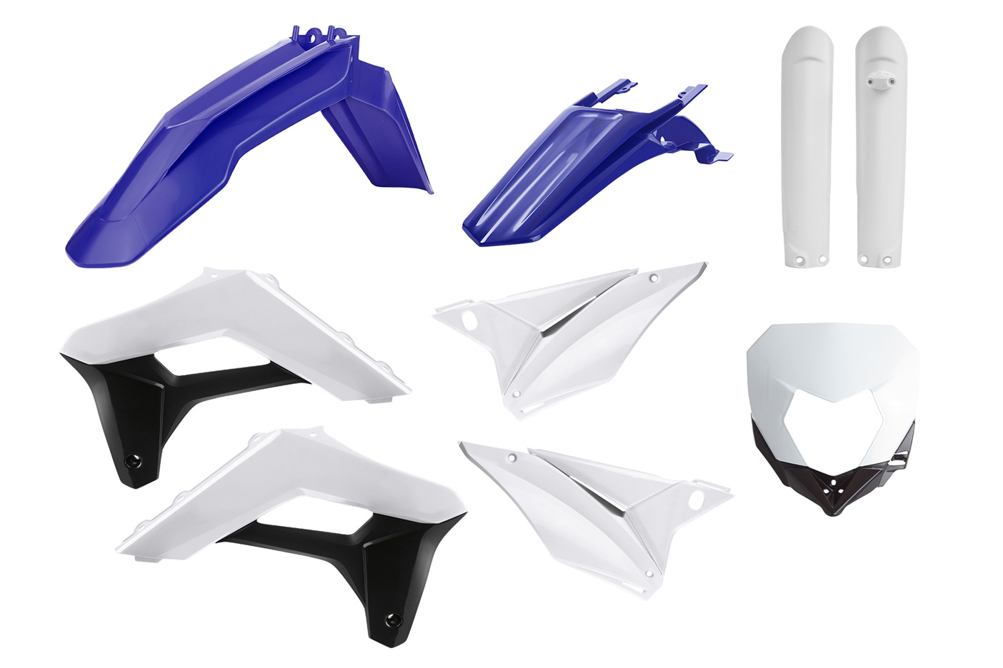 Plastikteile für deine Sherco SE-R und SEF-R in blau-weiß, bestehend aus Frontkotflügel, Heckkotflügel, Tankspoiler, Gabelschoner, Nummerntafeln, Seitenteilen und Lampenmaske