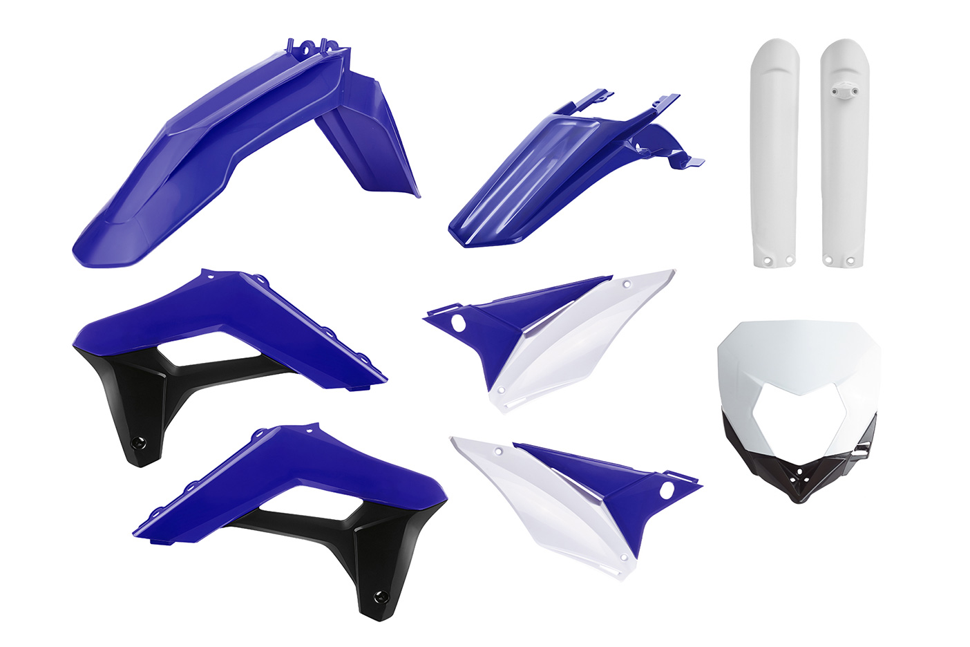 Plastikteile für deine Sherco SE-R und SEF-R in weiß-blau, bestehend aus Frontkotflügel, Heckkotflügel, Tankspoiler, Gabelschoner, Nummerntafeln, Seitenteilen und Lampenmaske