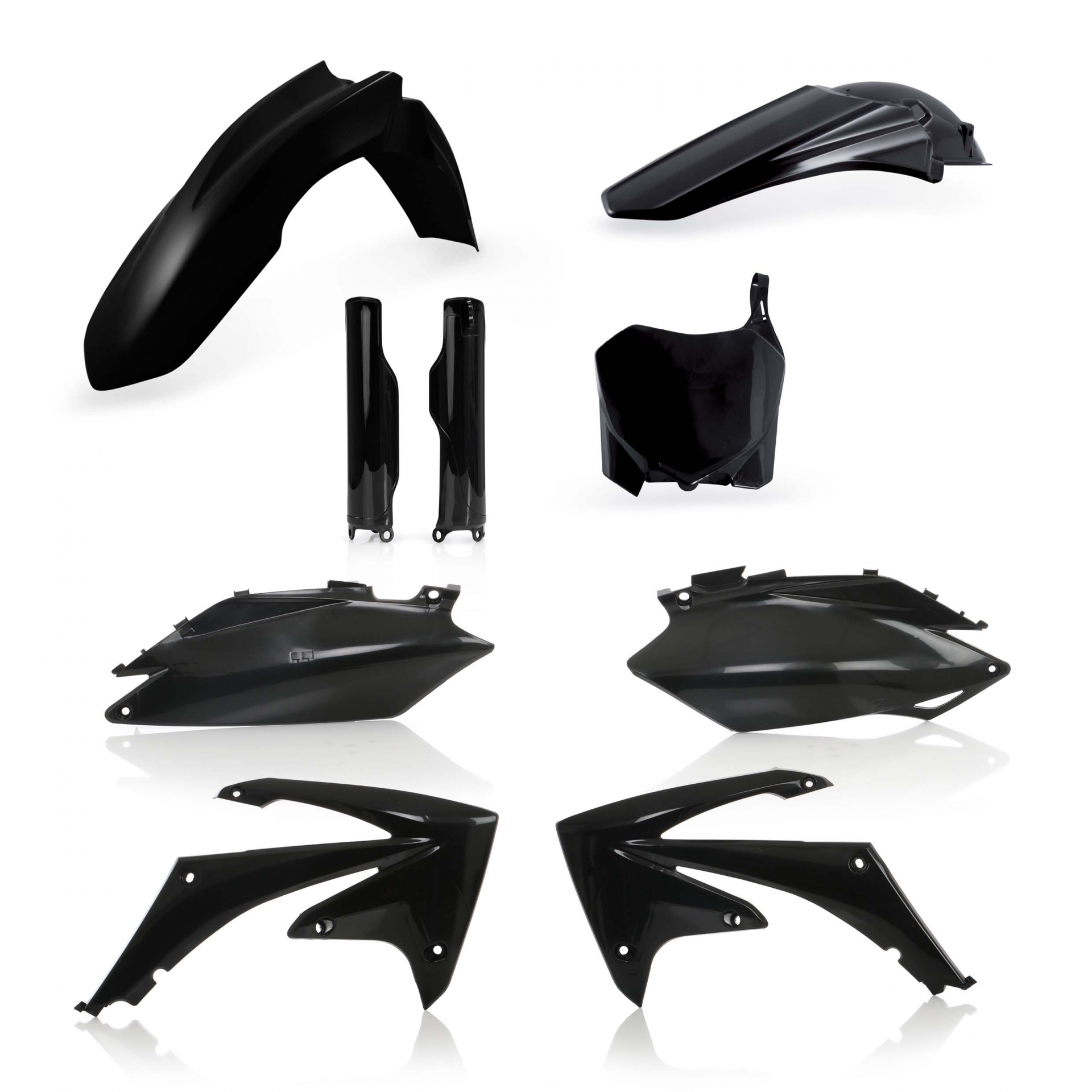 Plastikteile für deine Honda CRF / CR 250/450 in schwarz bestehend aus Kotflügel vorn Kotflügel hinten Kühlerspoiler Seitenteile Gabelschützer Startnummerntafel