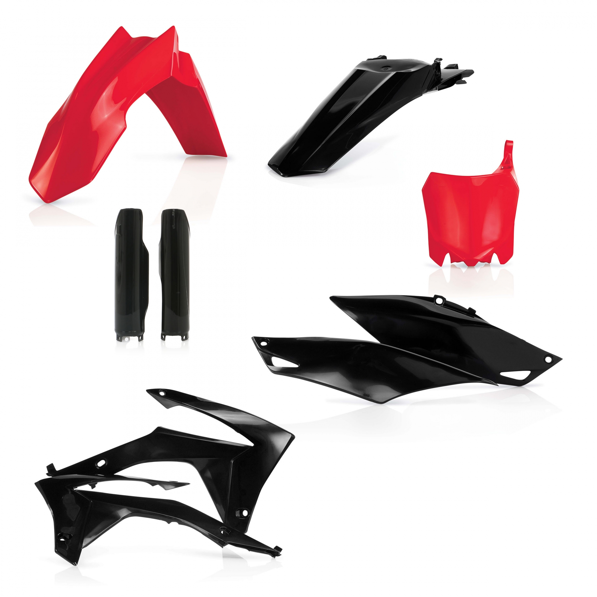 Plastikteile für deine Honda CRF / CR 250/450 in rot-schwarz bestehend aus Kotflügel vorn Kotflügel hinten Kühlerspoiler Seitenteile Gabelschützer Startnummerntafel