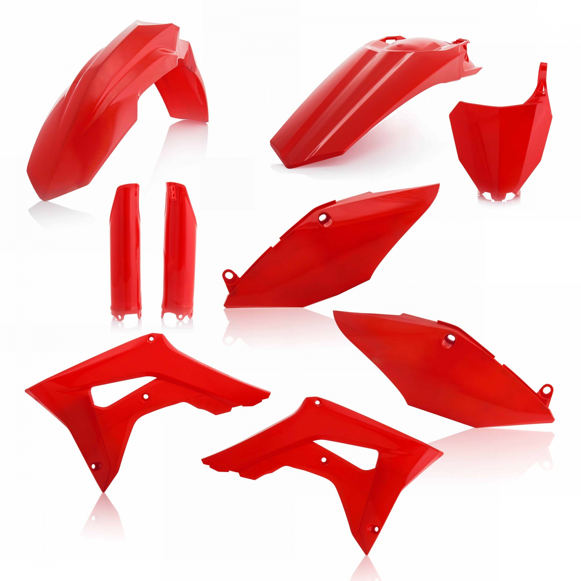 Plastikteile für deine Honda CRF / CR 250/450 in rot bestehend aus Kotflügel vorn Kotflügel hinten Kühlerspoiler Seitenteile Gabelschützer Startnummerntafel