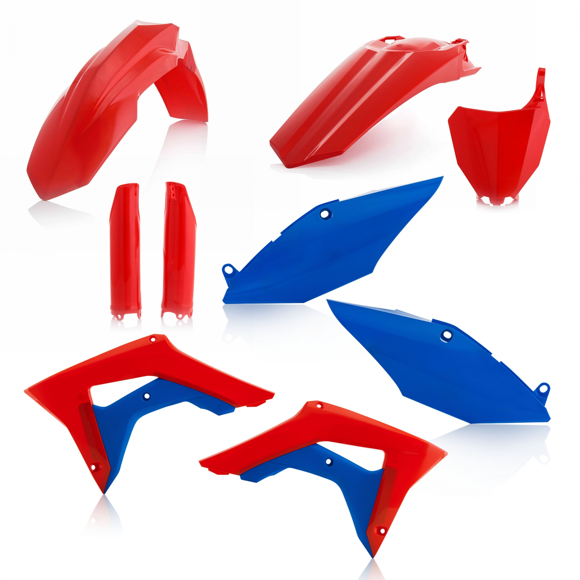 Plastikteile für deine Honda CRF / CR 250/450 in rot-blau bestehend aus Kotflügel vorn Kotflügel hinten Kühlerspoiler Seitenteile Gabelschützer Startnummerntafel