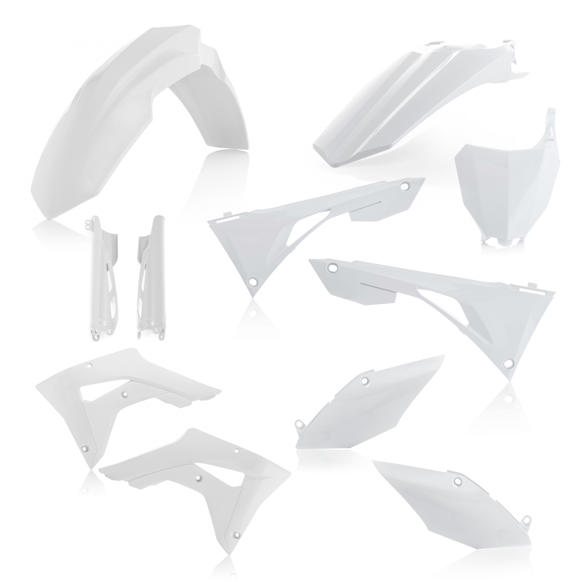 Plastikteile für deine Honda CRF / CR 250/450 in weiß bestehend aus Kotflügel vorn Kotflügel hinten Kühlerspoiler Seitenteile Gabelschützer Startnummerntafel