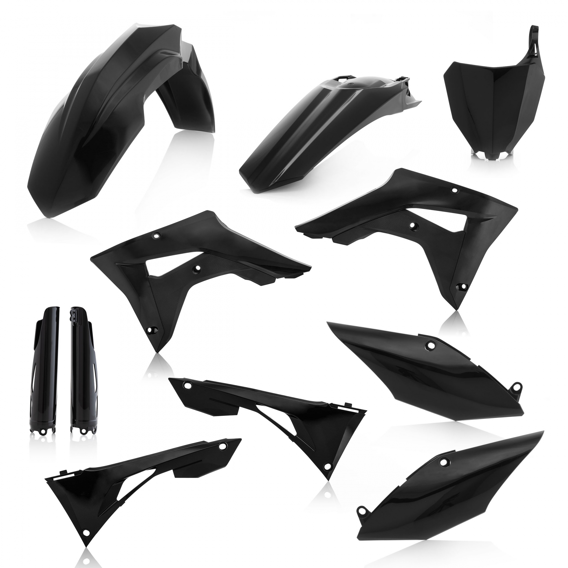 Plastikteile für deine Honda CRF / CR 250/450 in schwarz bestehend aus Kotflügel vorn Kotflügel hinten Kühlerspoiler Seitenteile Gabelschützer Startnummerntafel