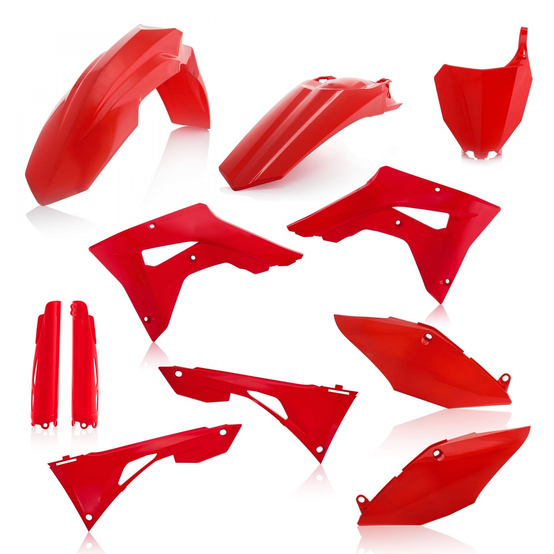 Plastikteile für deine Honda CRF / CR 250/450 in rot bestehend aus Kotflügel vorn Kotflügel hinten Kühlerspoiler Seitenteile Gabelschützer Startnummerntafel