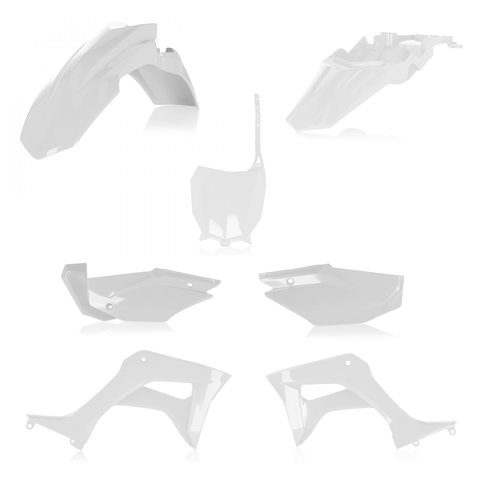 Plastikteile für deine Honda CRF / CR 110 in weiß bestehend aus Kotflügel vorn Kotflügel hinten Kühlerspoiler Seitenteile Startnummerntafel