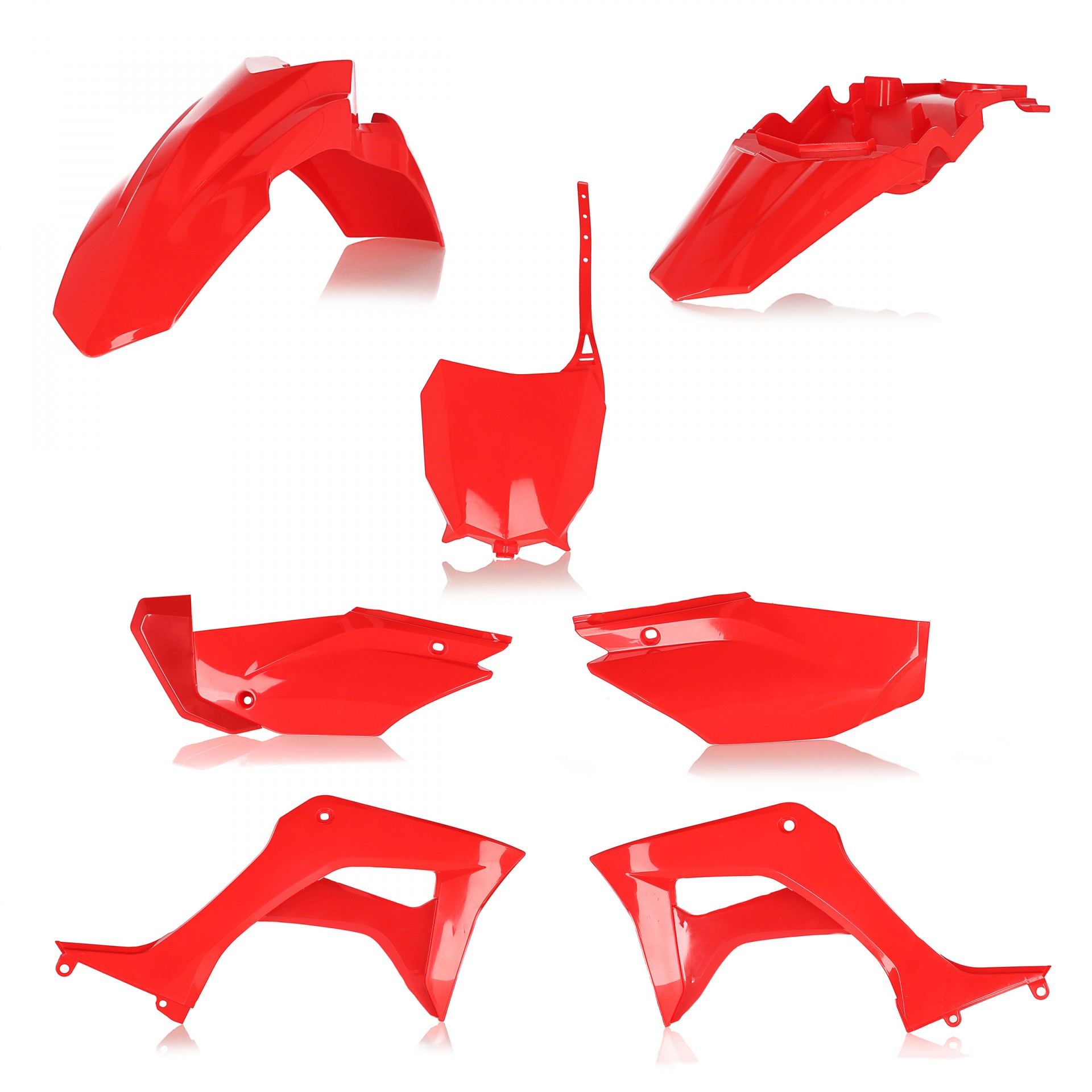 Plastikteile für deine Honda CRF / CR 110 in rot bestehend aus Kotflügel vorn Kotflügel hinten Kühlerspoiler Seitenteile Startnummerntafel