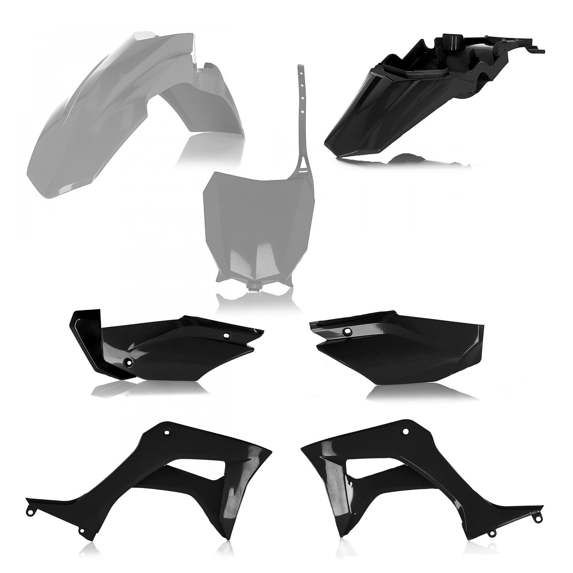 Plastikteile für deine Honda CRF / CR 110 in grau-schwarz bestehend aus Kotflügel vorn Kotflügel hinten Kühlerspoiler Seitenteile Startnummerntafel
