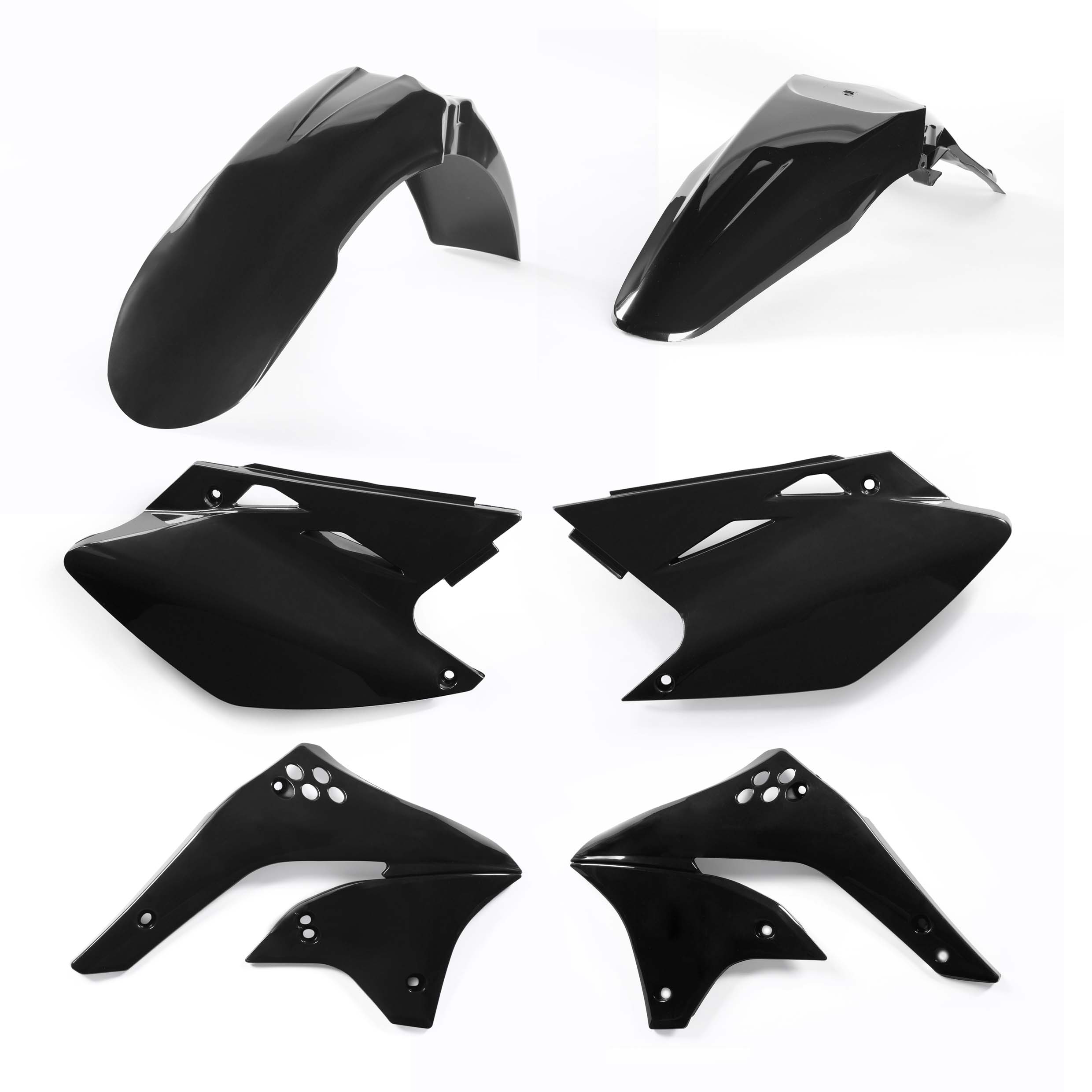 Plastikteile für deine Kawasaki KX 450 in schwarz bestehend aus Kotflügel vorn Kotflügel hinten Kühlerspoiler Seitenteile