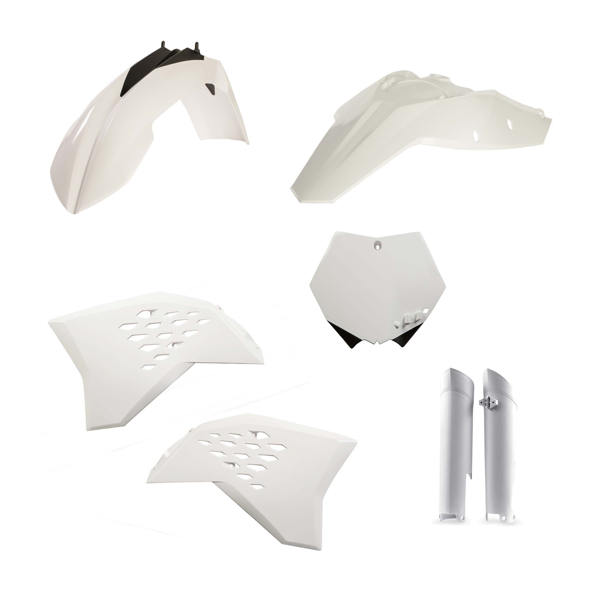 Plastikteile für deine KTM SX / SX-F 250-505 in weiß bestehend aus Kotflügel vorn Kotflügel hinten Kühlerspoiler Seitenteile Gabelschützer Startnummerntafel