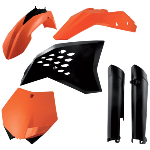 Plastikteile für deine KTM SX / SX-F 250-505 in original Farbe bestehend aus Kotflügel vorn Kotflügel hinten Kühlerspoiler Seitenteile Gabelschützer Startnummerntafel