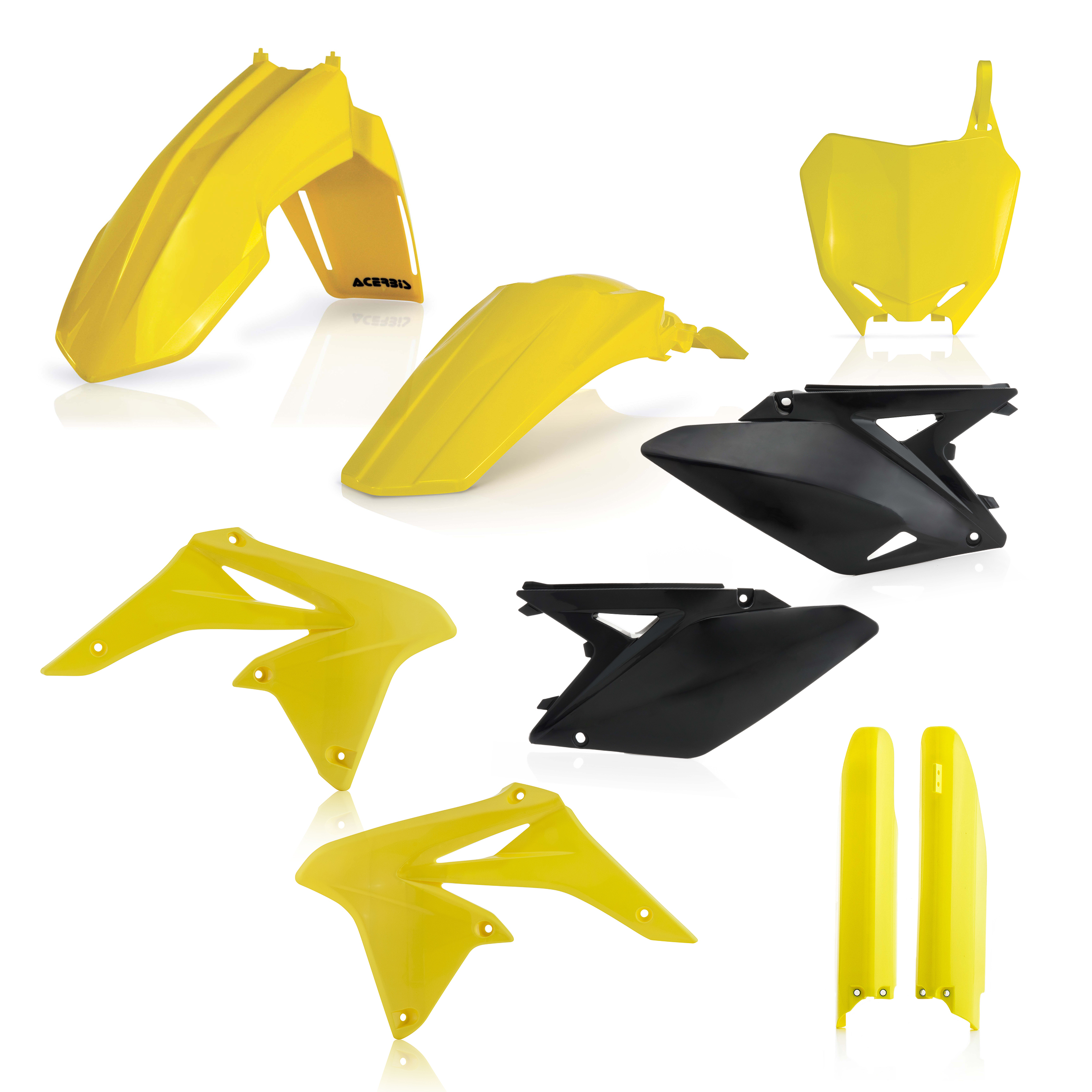 Plastikteile für deine Suzuki RM / RM-Z 250 in gelb bestehend aus Kotflügel vorn Kotflügel hinten Kühlerspoiler Seitenteile Gabelschützer Startnummerntafel
