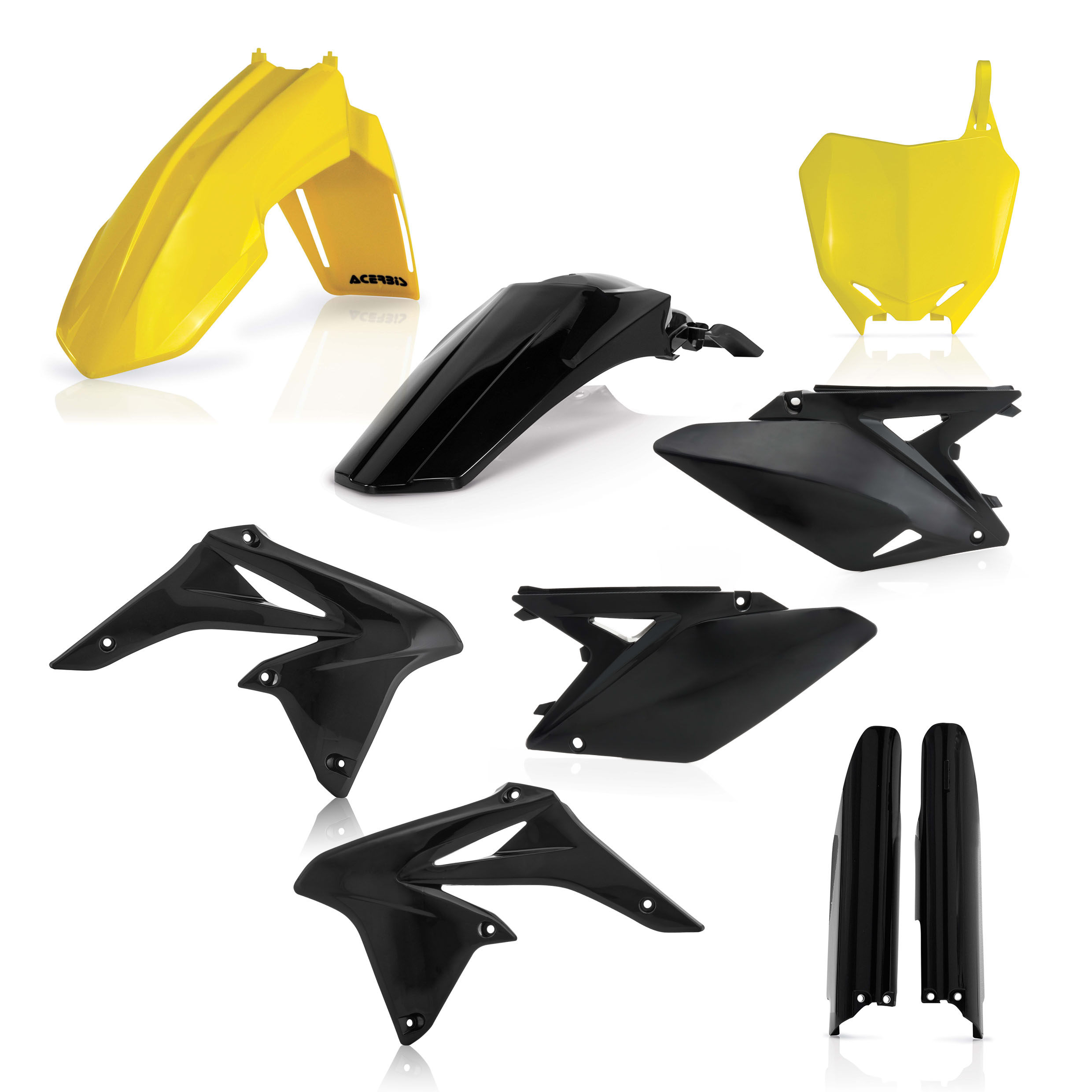Plastikteile für deine Suzuki RM / RM-Z 250 in gelb-schwarz bestehend aus Kotflügel vorn Kotflügel hinten Kühlerspoiler Seitenteile Gabelschützer Startnummerntafel