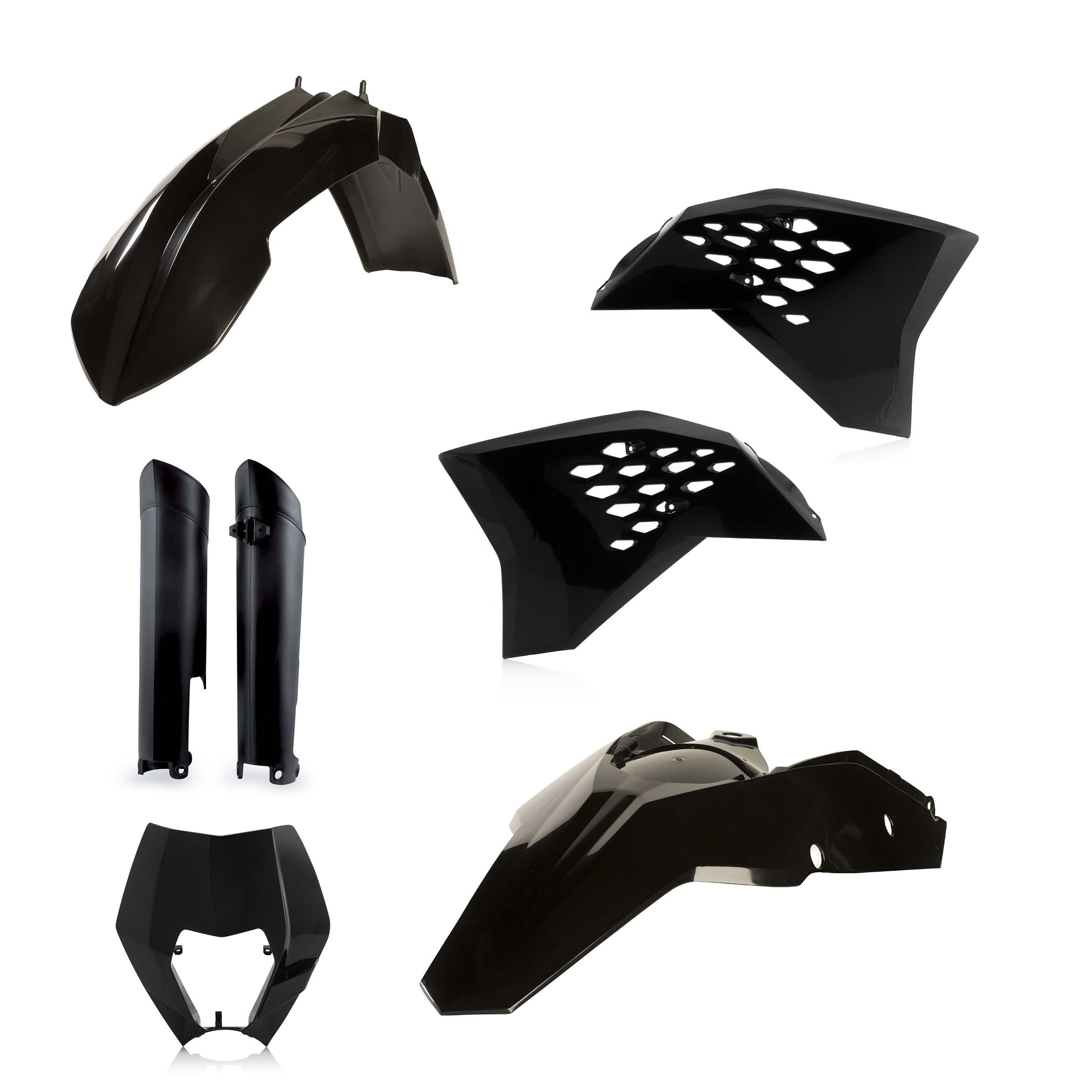 Plastikteile für deine KTM EXC / EXC-F 125-520 in schwarz bestehend aus Kotflügel vorn Kotflügel hinten Kühlerspoiler Seitenteile Gabelschützer Lampenmaske