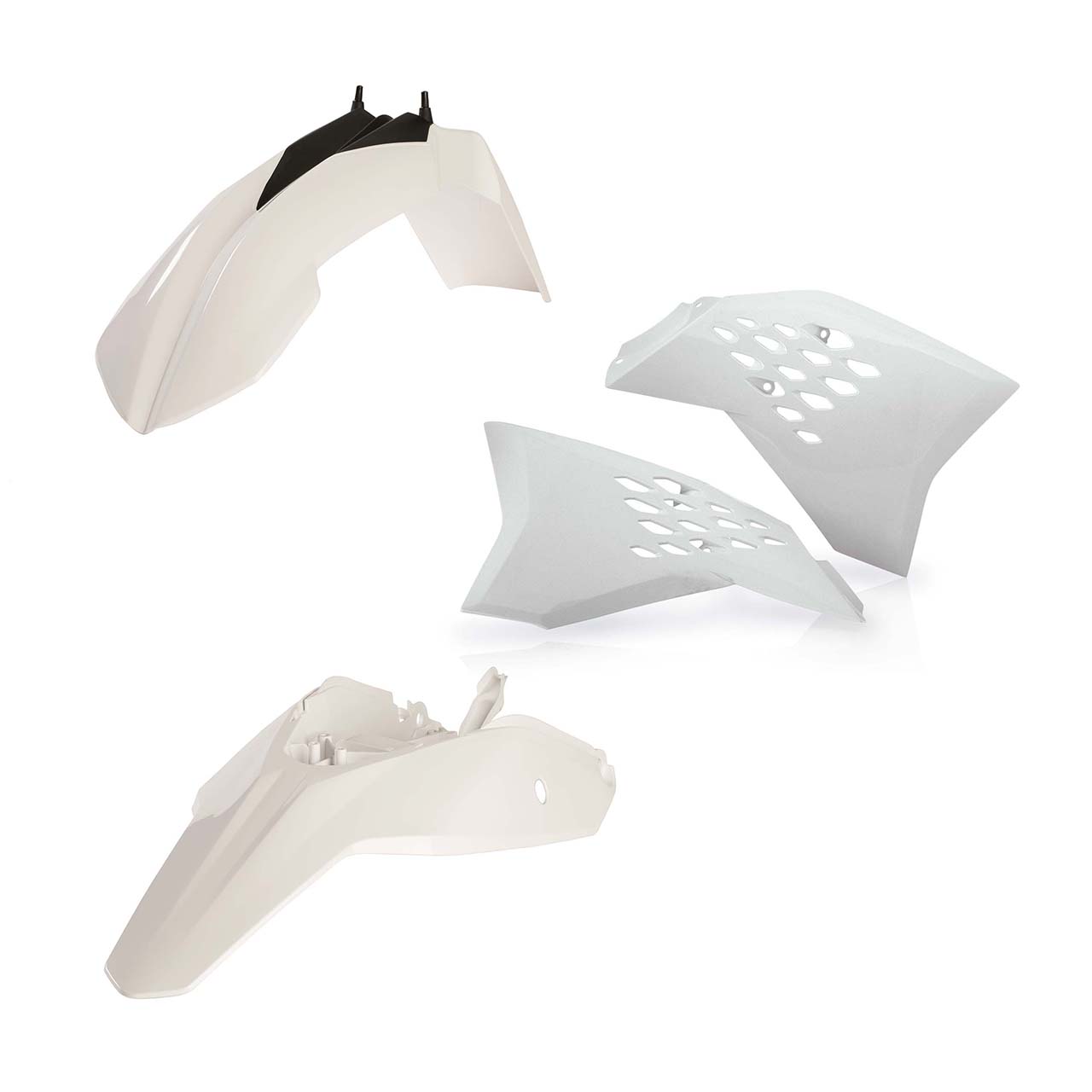 Plastikteile für deine KTM SX 65 in weiß bestehend aus Kotflügel vorn Kotflügel hinten Kühlerspoiler Seitenteile