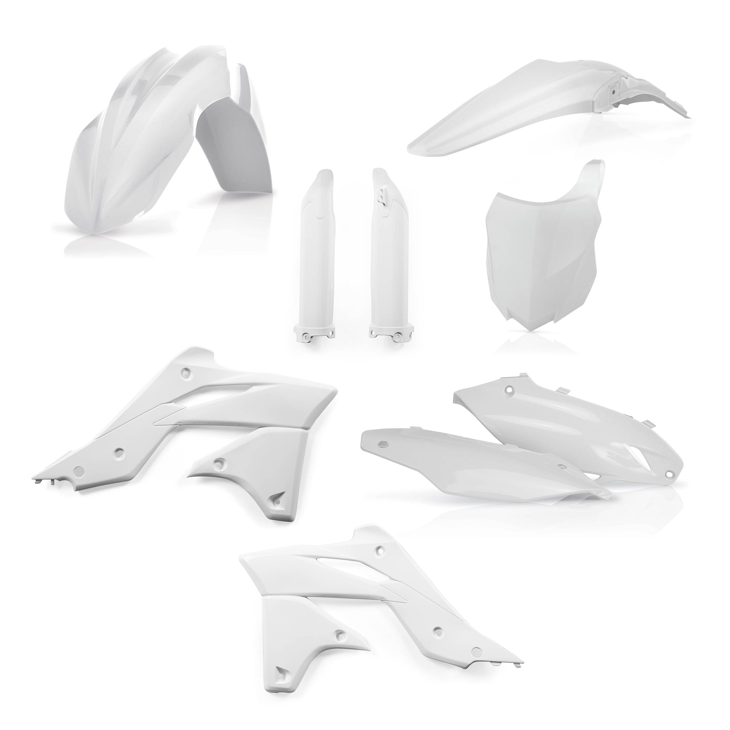 Plastikteile für deine Kawasaki KX 250 in weiß bestehend aus Kotflügel vorn Kotflügel hinten Kühlerspoiler Seitenteile Gabelschützer Startnummerntafel