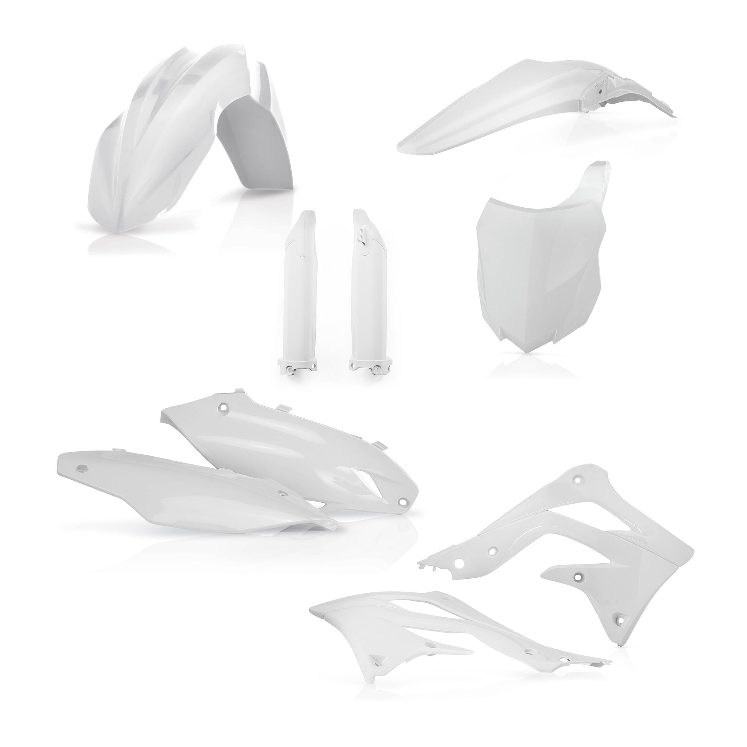 Plastikteile für deine Kawasaki KX 450 in weiß bestehend aus Kotflügel vorn Kotflügel hinten Kühlerspoiler Seitenteile Gabelschützer Startnummerntafel