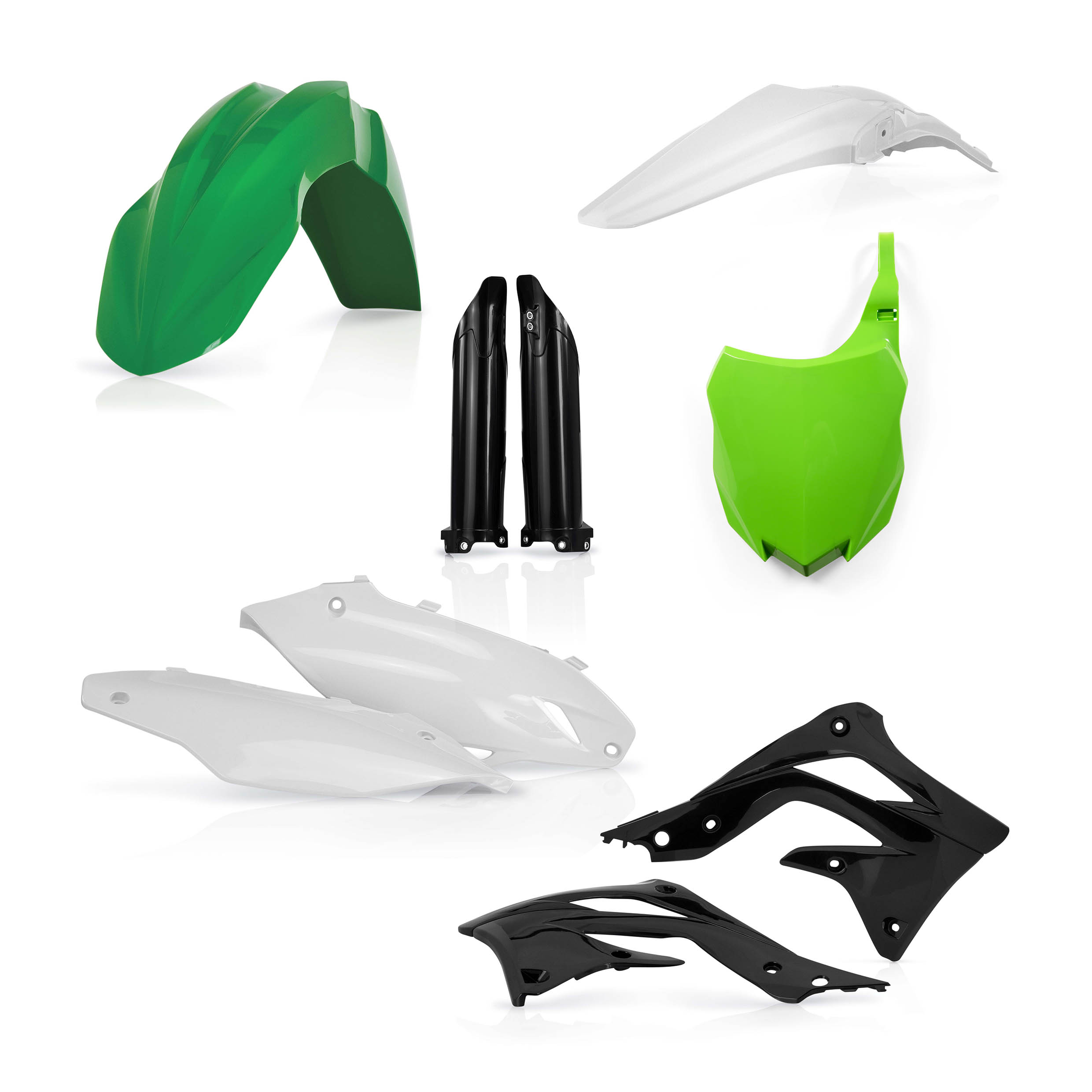 Plastikteile für deine Kawasaki KX 450 in grün-schwarz bestehend aus Kotflügel vorn Kotflügel hinten Kühlerspoiler Seitenteile Gabelschützer Startnummerntafel