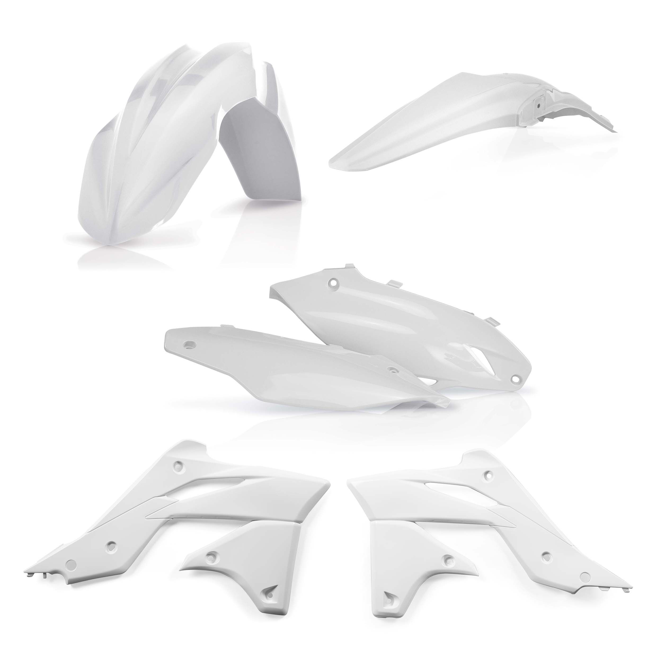 Plastikteile für deine Kawasaki KX 250 in weiß bestehend aus Kotflügel vorn Kotflügel hinten Kühlerspoiler Seitenteile