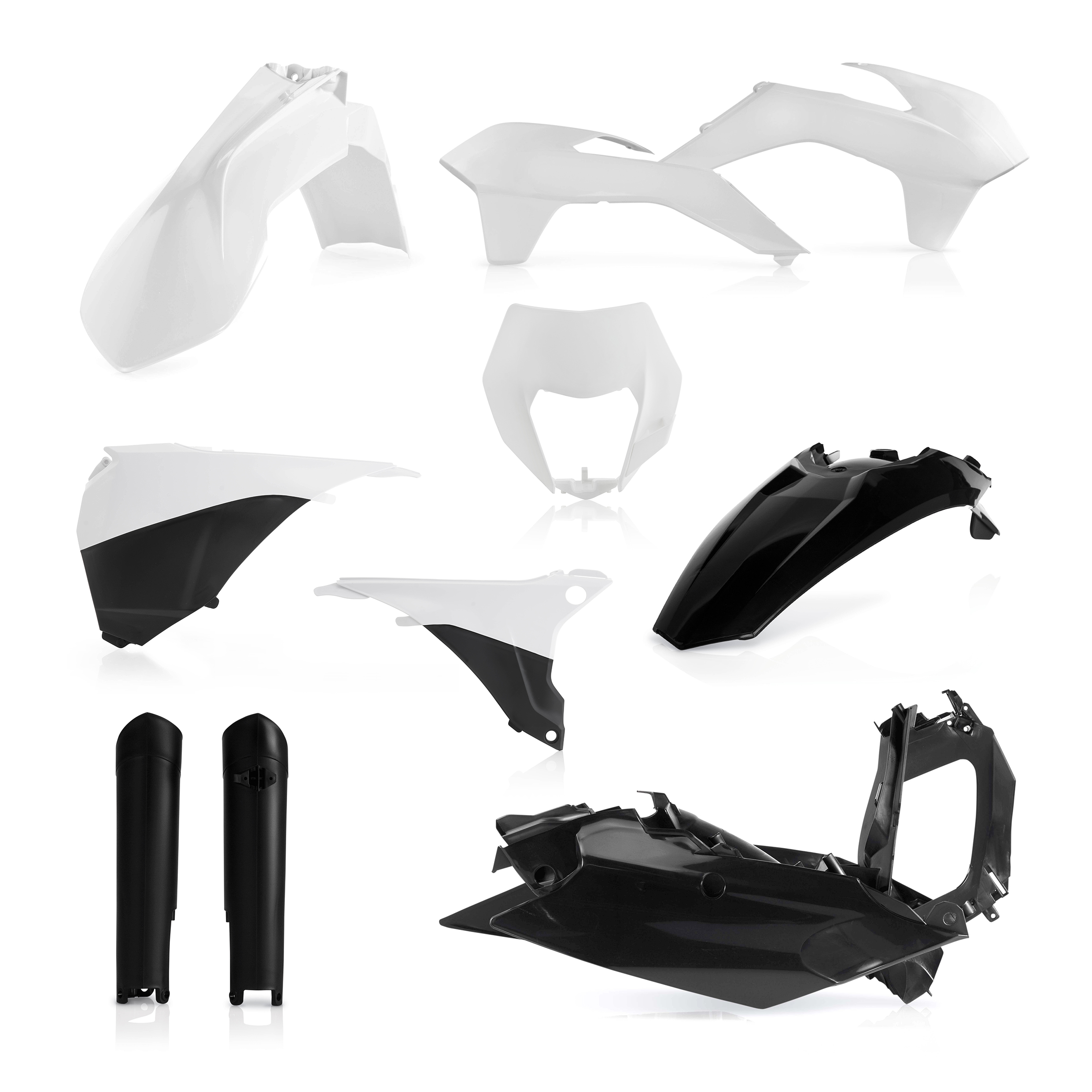 Plastikteile für deine KTM EXC / EXC-F 125-520 in weiß-schwarz bestehend aus Kotflügel vorn Kotflügel hinten Kühlerspoiler Gabelschützer Air Box Cover Lampenmaske