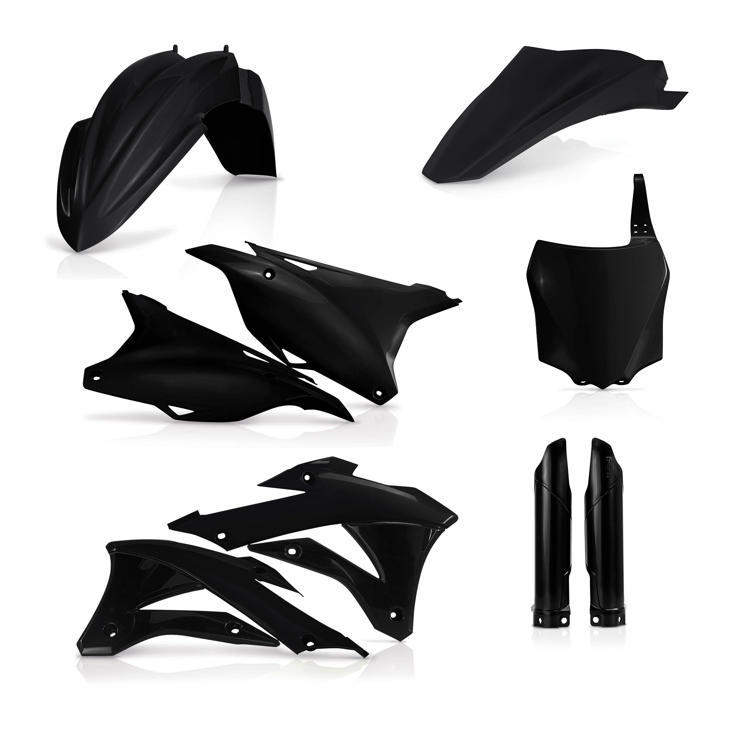 Plastikteile für deine Kawasaki KX 85-100 in schwarz bestehend aus Kotflügel vorn Kotflügel hinten Kühlerspoiler Seitenteile Gabelschützer Startnummerntafel