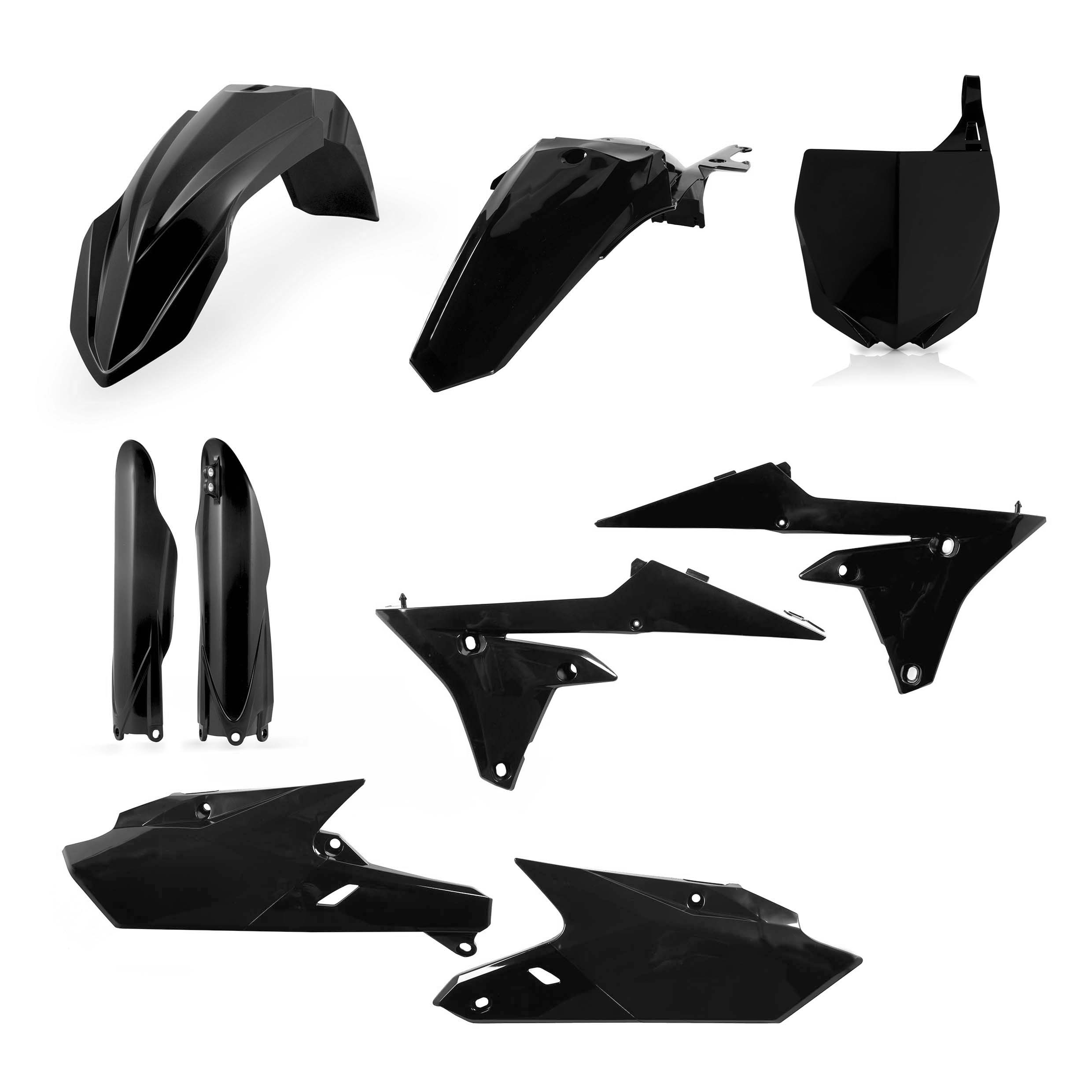 Plastikteile für deine Yamaha YZ 250/450 in schwarz bestehend aus Kotflügel vorn Kotflügel hinten Kühlerspoiler Seitenteile Gabelschützer Startnummerntafel
