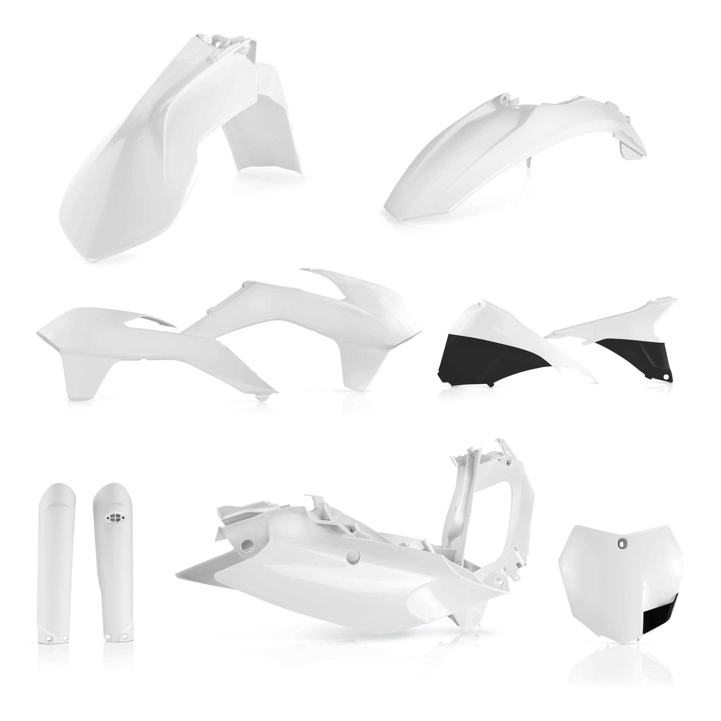Plastikteile für deine KTM SX / SX-F 125-505 in weiß bestehend aus Kotflügel vorn Kotflügel hinten Kühlerspoiler Gabelschützer Startnummerntafel Air Box Cover