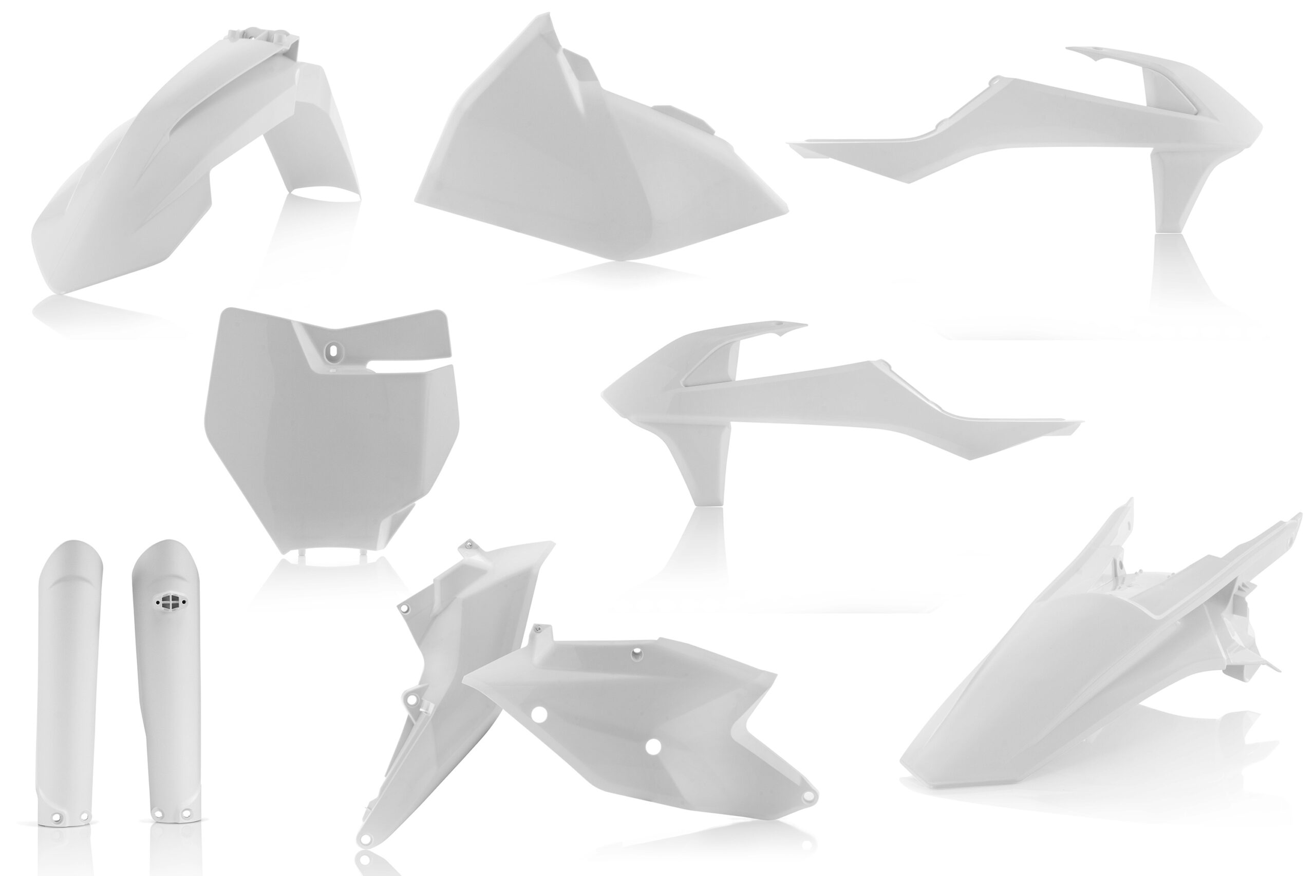 Plastikteile für deine KTM SX / SX-F 125-450 in weiß bestehend aus Kotflügel vorn Kotflügel hinten Kühlerspoiler Seitenteile Gabelschützer Startnummerntafel Air Box Cover