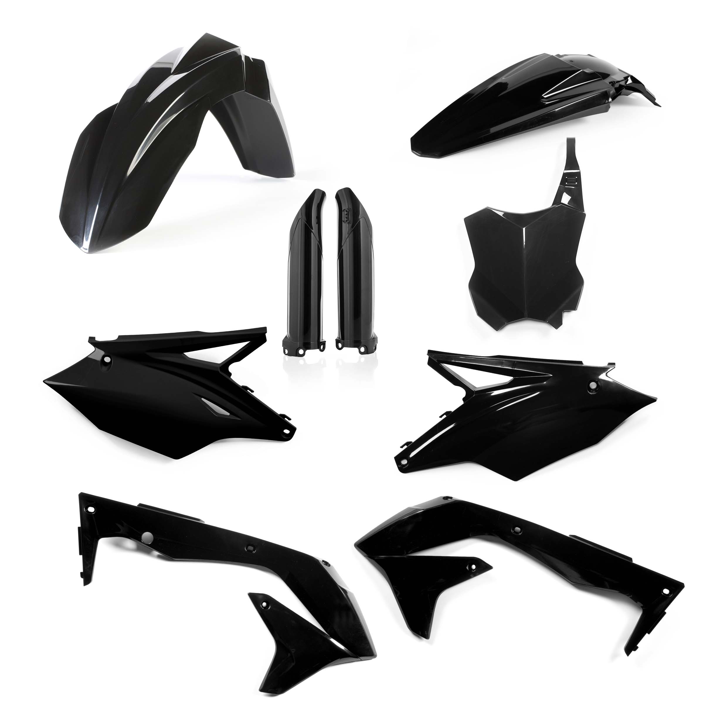 Plastikteile für deine Kawasaki KX 450 in schwarz bestehend aus Kotflügel vorn Kotflügel hinten Kühlerspoiler Seitenteile Gabelschützer Startnummerntafel
