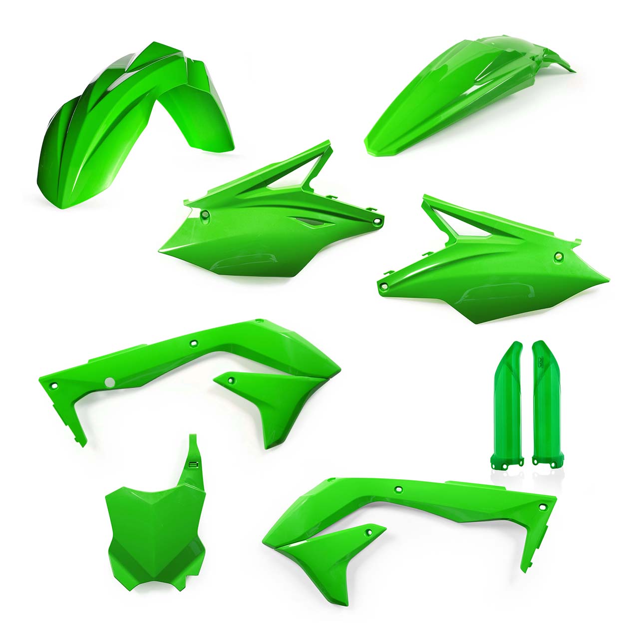Plastikteile für deine Kawasaki KX 450 in grün bestehend aus Kotflügel vorn Kotflügel hinten Kühlerspoiler Seitenteile Gabelschützer Startnummerntafel