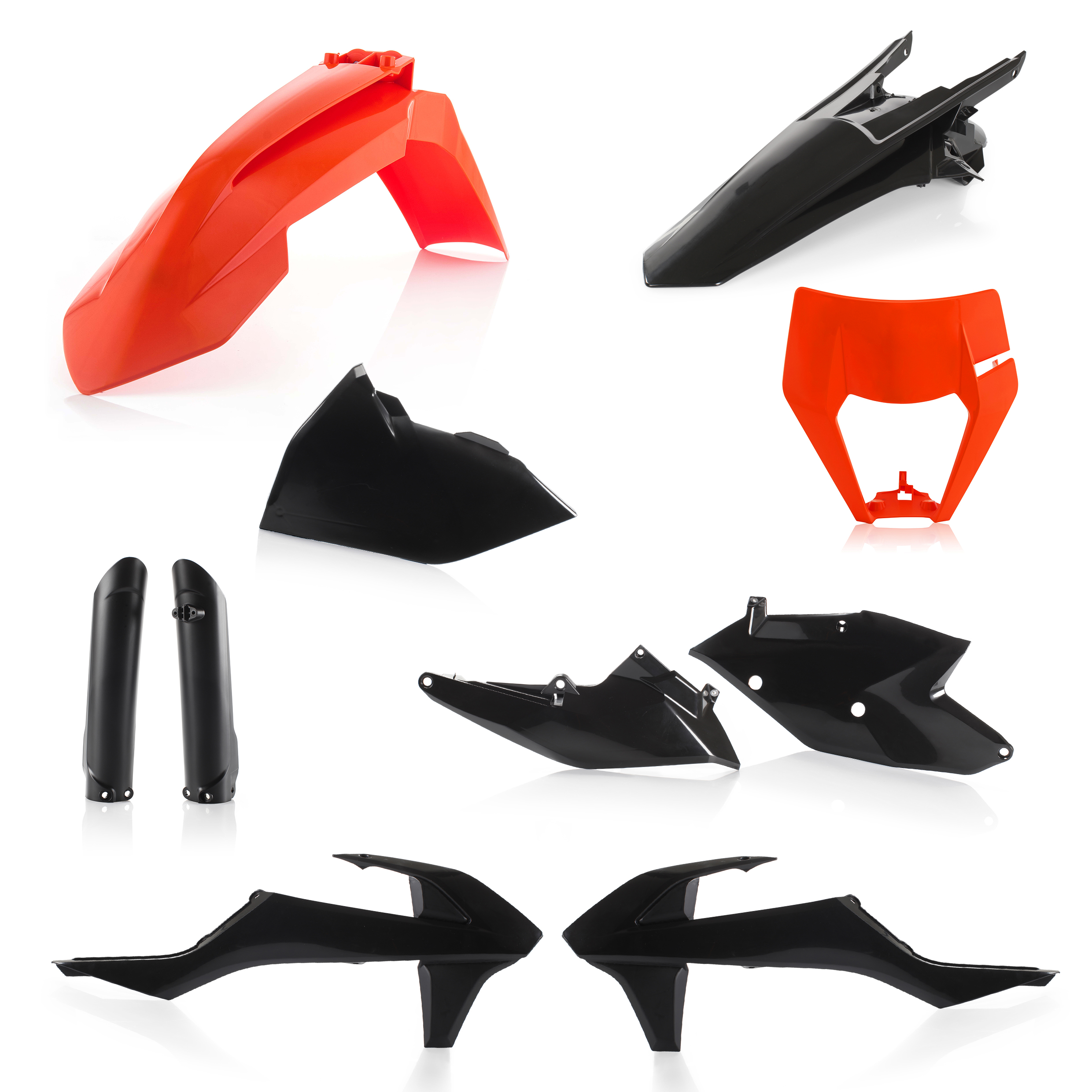 Plastikteile für deine KTM EXC / EXC-F 125-520 in schwarz-orange bestehend aus Kotflügel vorn Kotflügel hinten Kühlerspoiler Seitenteile Gabelschützer Air Box Cover Lampenmaske