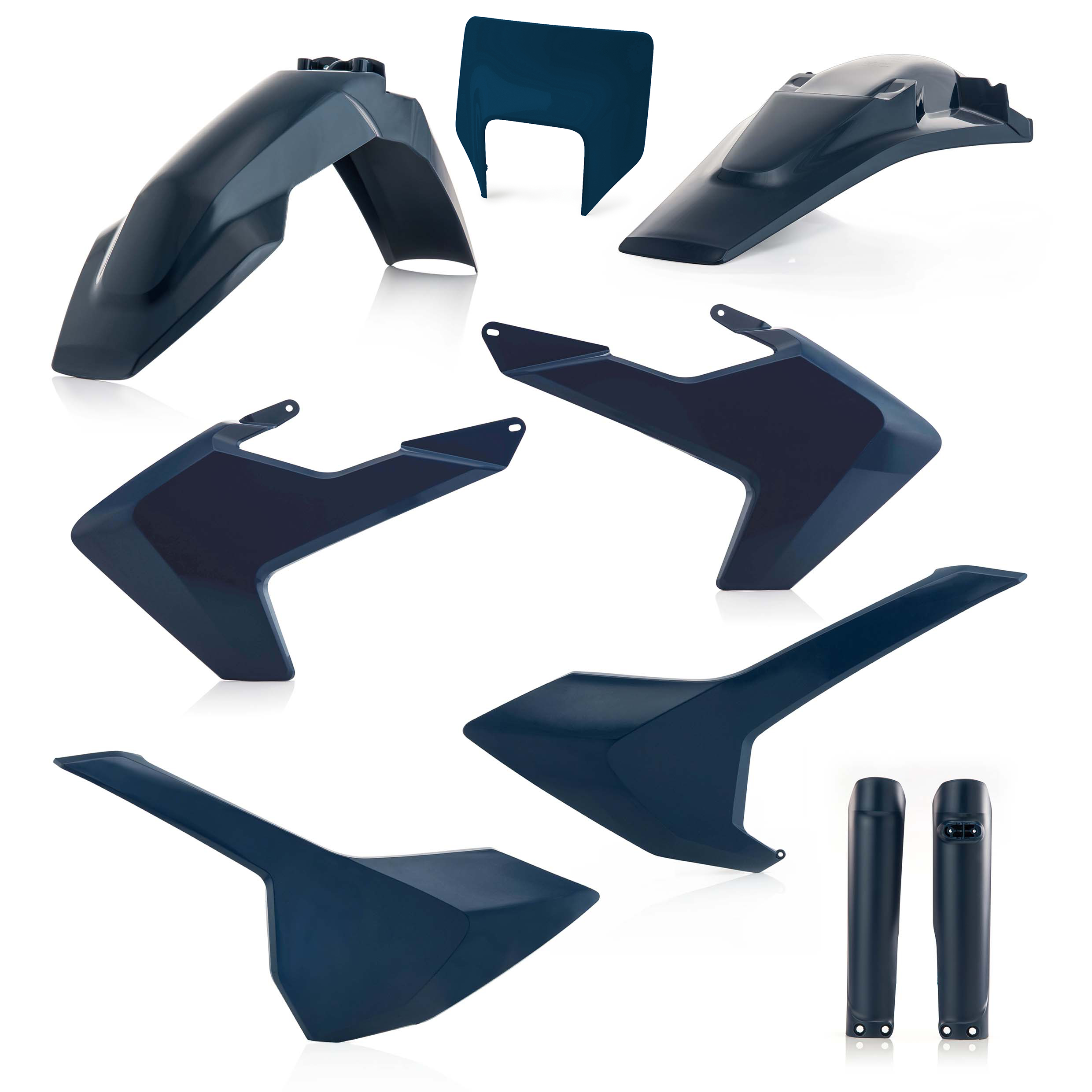 Plastikteile für deine Husqvarna FE / TE 125-501 in blau bestehend aus Kotflügel vorn Kotflügel hinten Kühlerspoiler Seitenteile Gabelschützer Lampenmaske